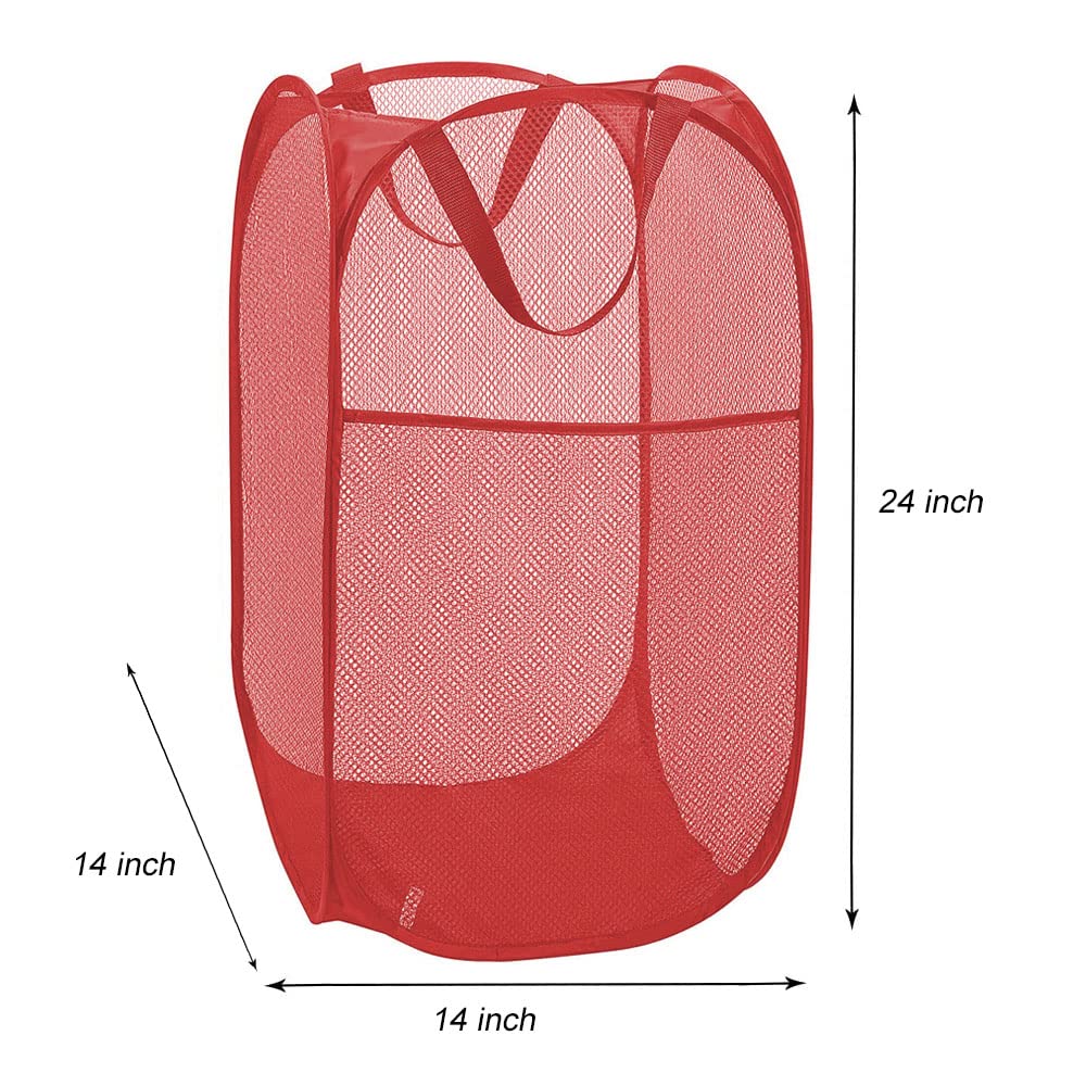 Larpur Popup Mesh Laundry Basket, Collapsible And Portable Clothes Washing Laundry Hamper With Reinforced Carry Handle (Red)